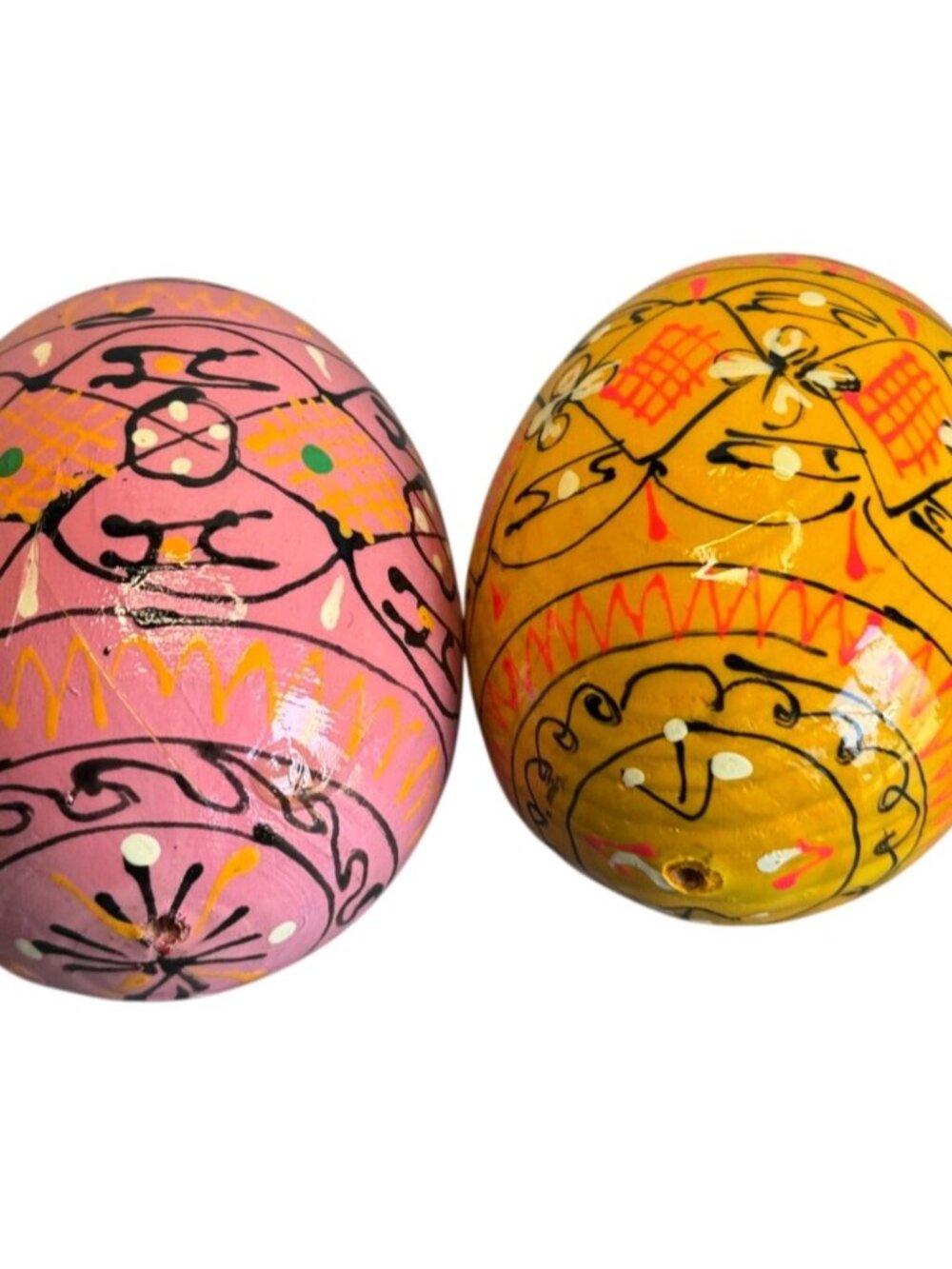 Hand Painted Blown Eggshell Easter Eggs Folk Art Pink Yellow 2.5" Set Of 2 - Picture 5 of 5